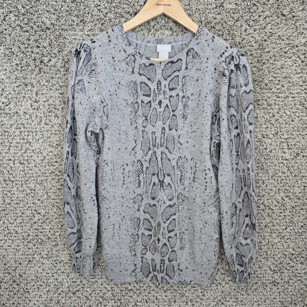 Chicos Sweater Womens 0 US Small Gray Cashmere Knit Animal Print Pullover